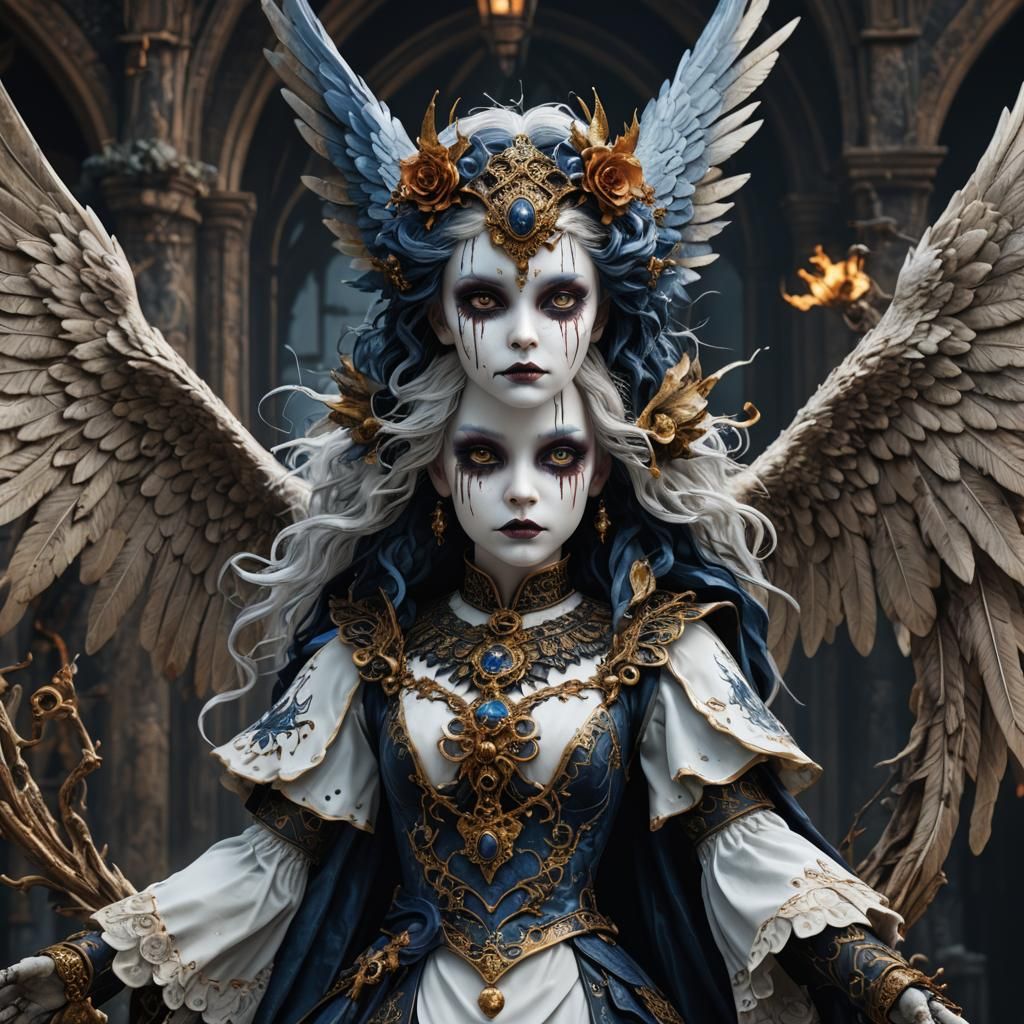 Gothic Porcelain Harpy Doll in Detailed Matte Style