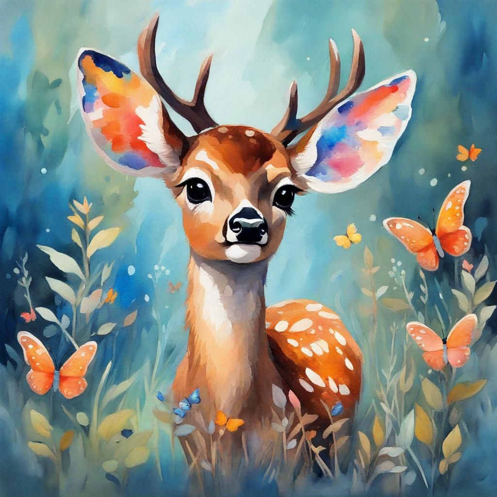 Deer with Butterfly Wings in Gouache Style