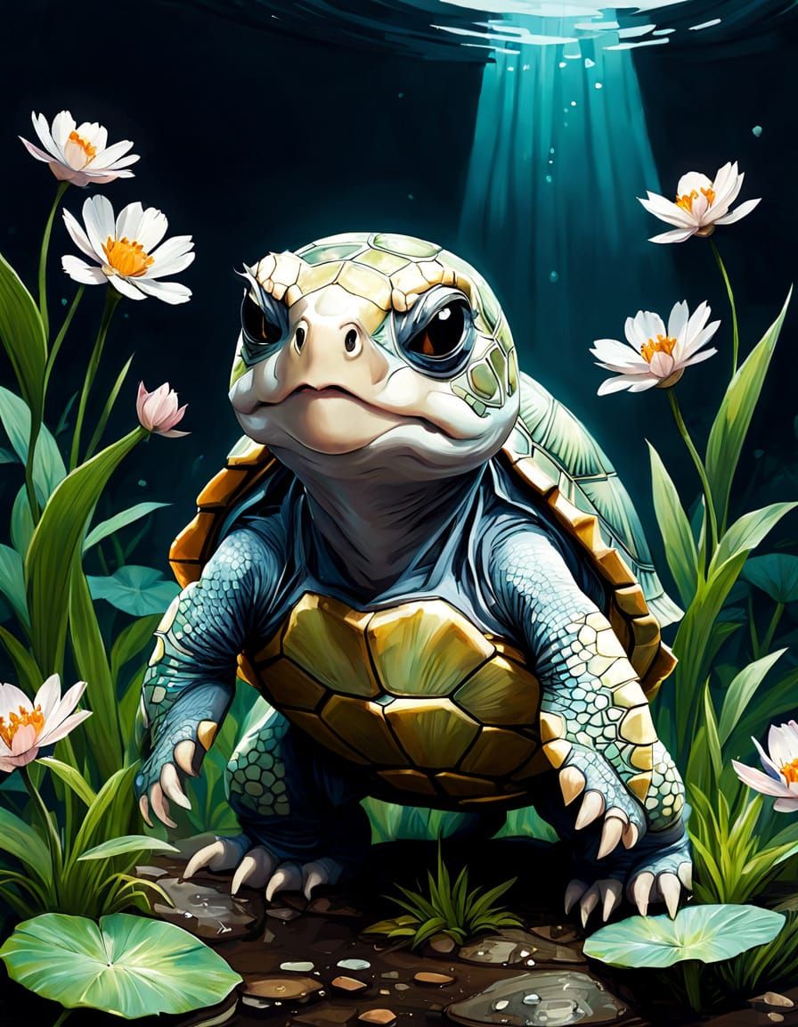 A Delicate Albino Turtle in Vibrant Floral Attire