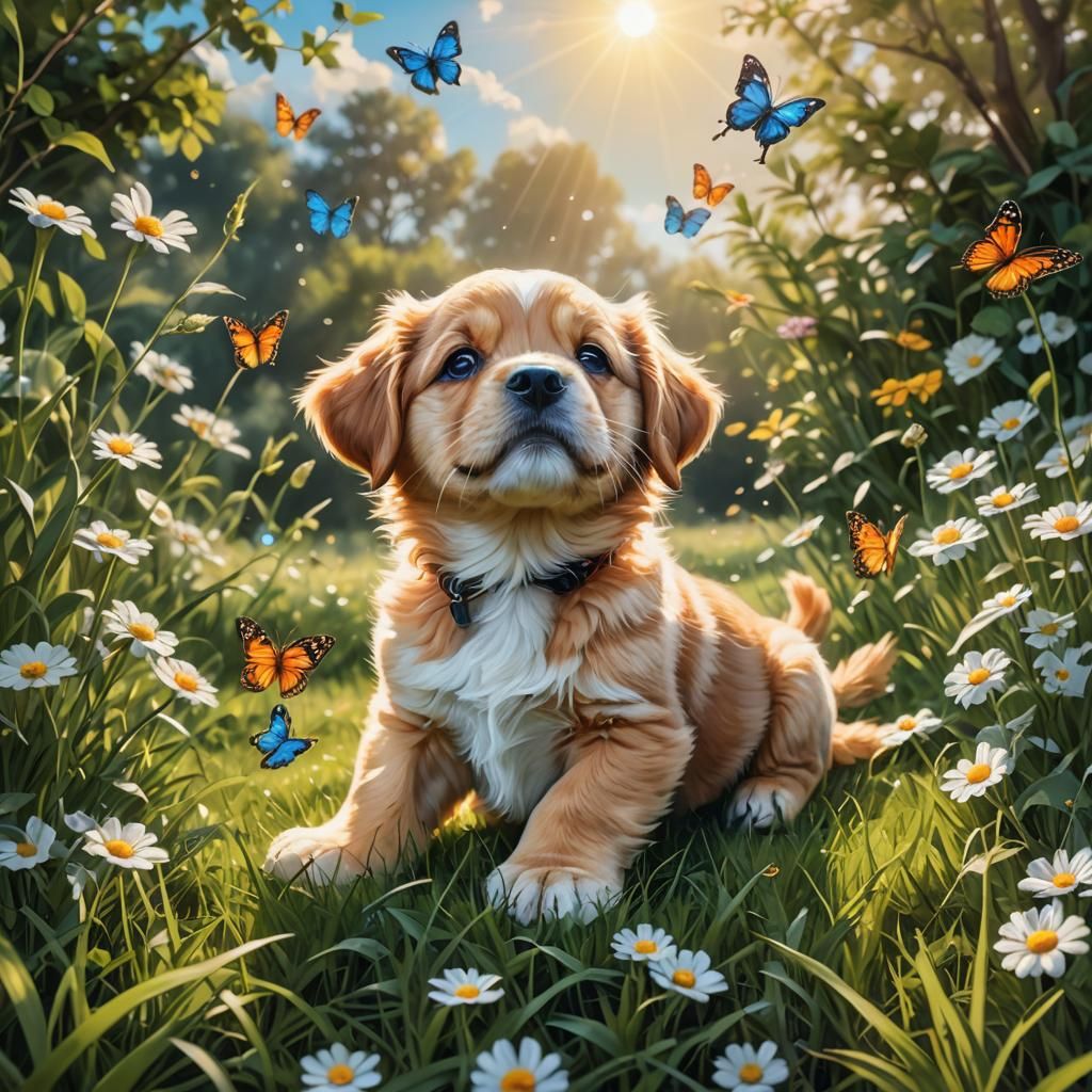 Adorable Puppy and Butterfly in Sunshine