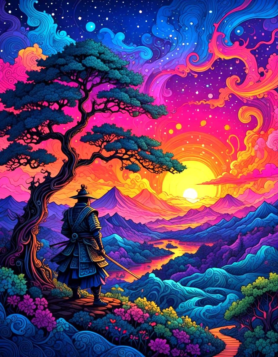 Noble Samurai in Cosmic Psychedelic Ink Painting