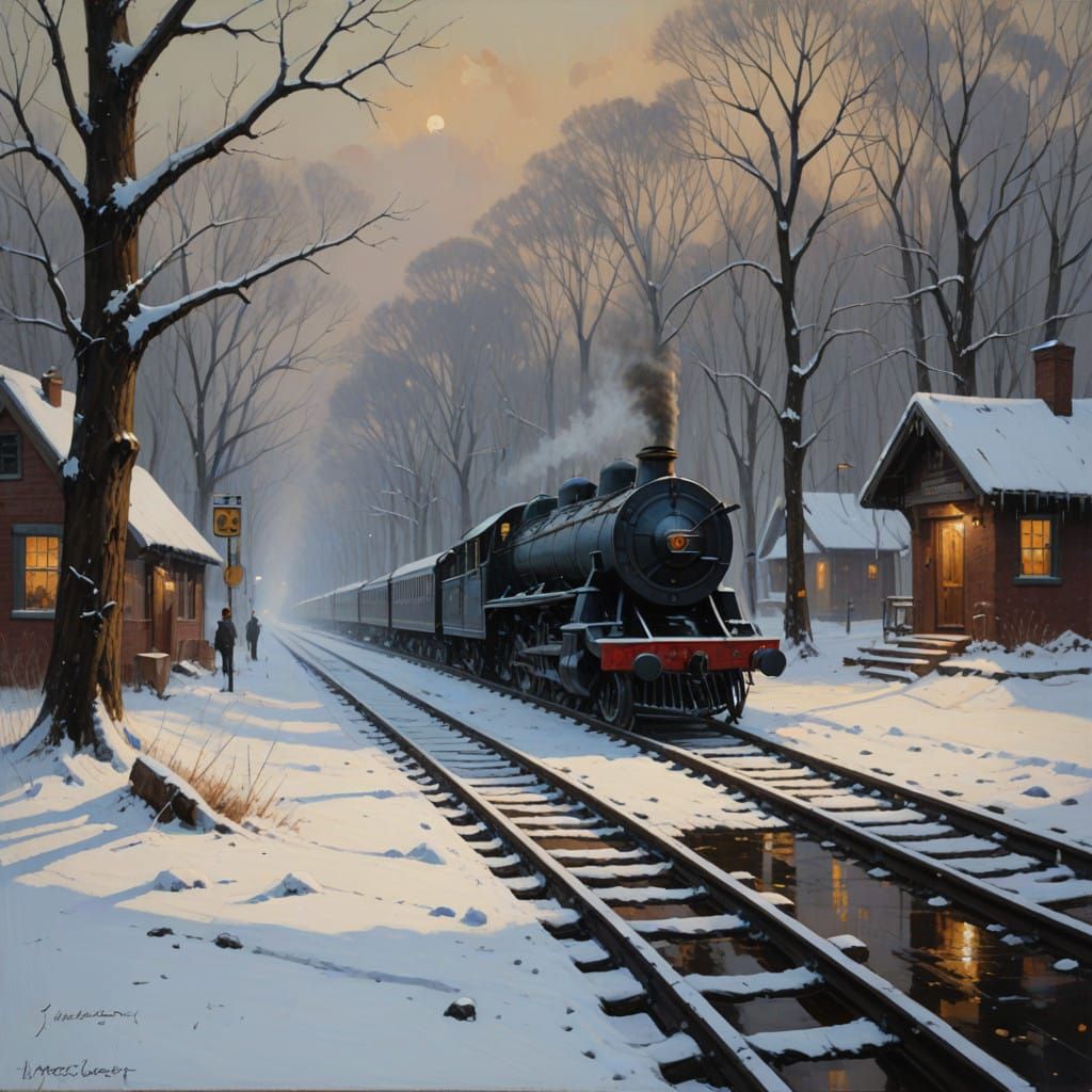 Snowy Station in Contemplative Oil Painting