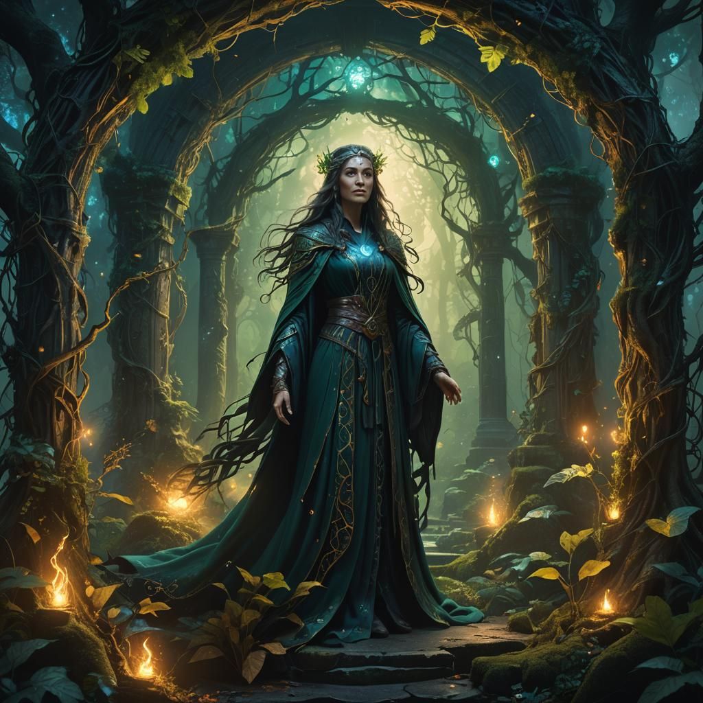 Mystical Forest Sorceress at Glowing Portal Concept Art