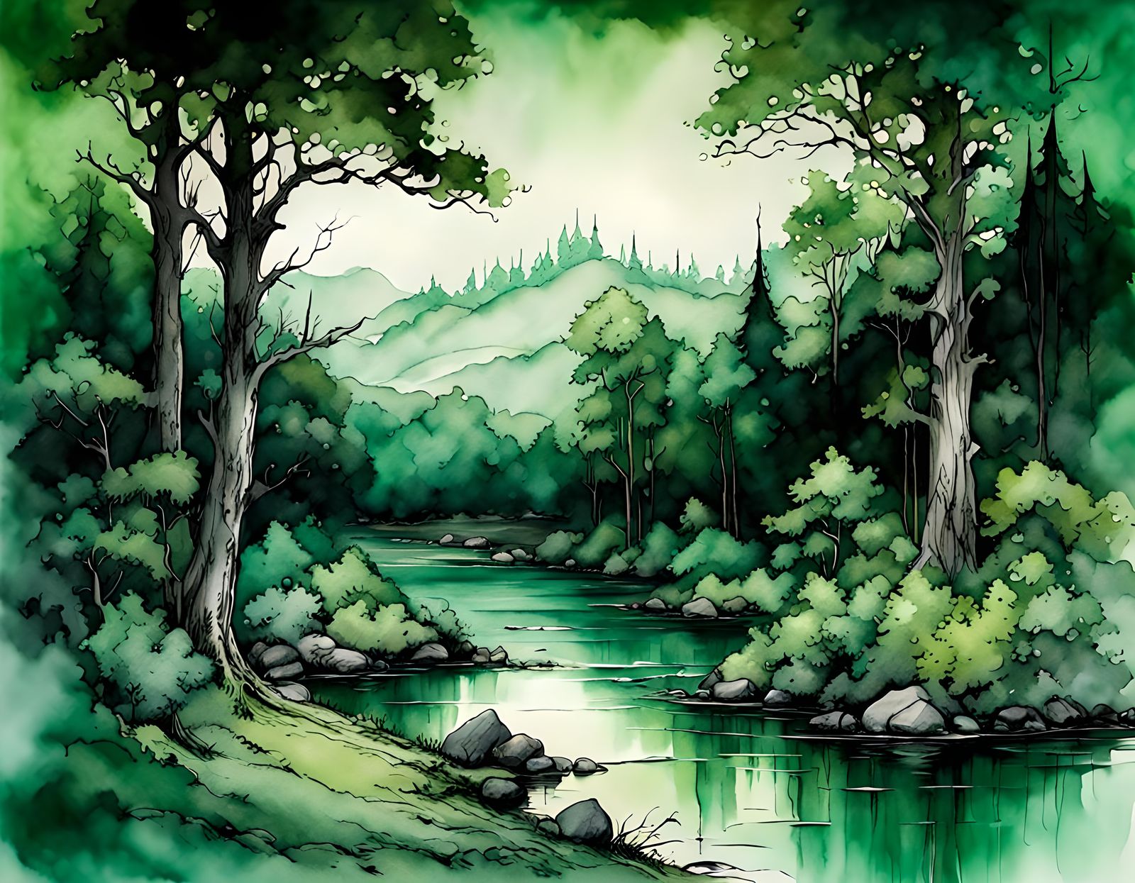 A beautiful landscape scene, palette emerald green, forest g...