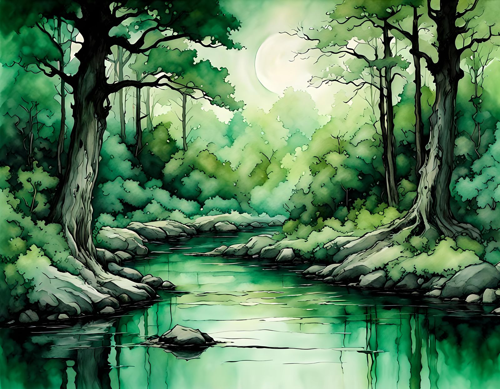 A beautiful landscape scene, palette emerald green, forest g...
