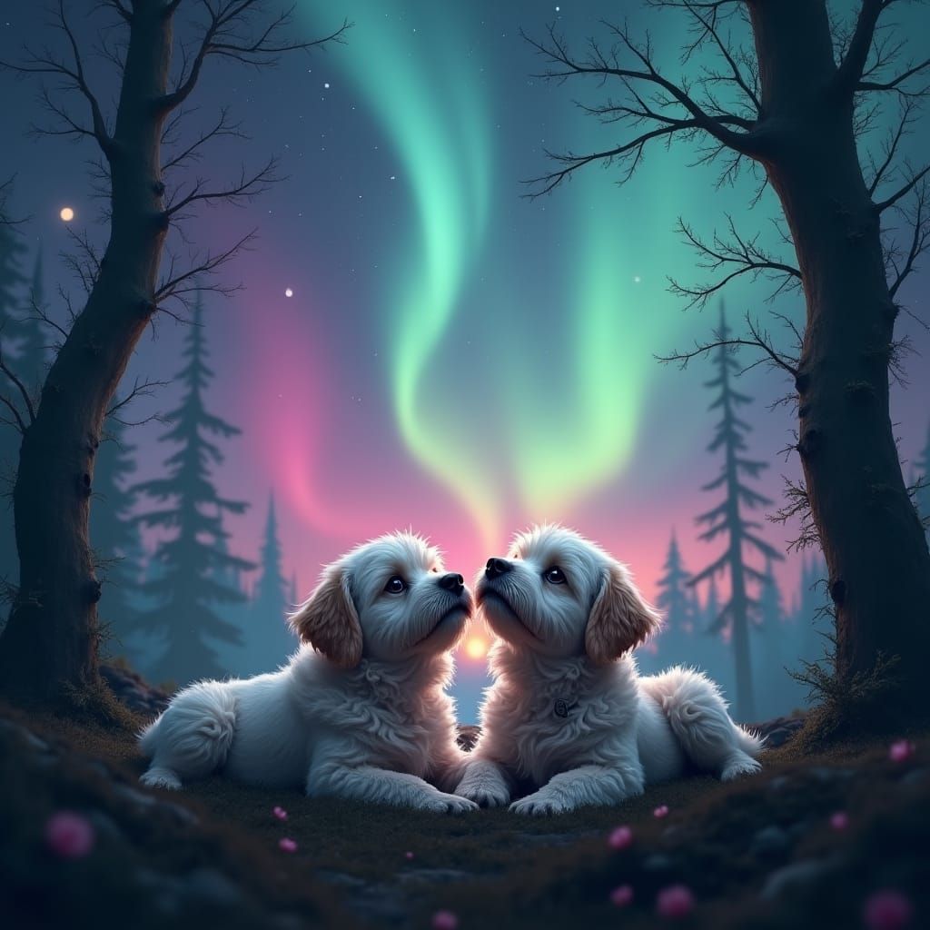 Cavachons Mesmerized by Northern Lights in Misty Forest