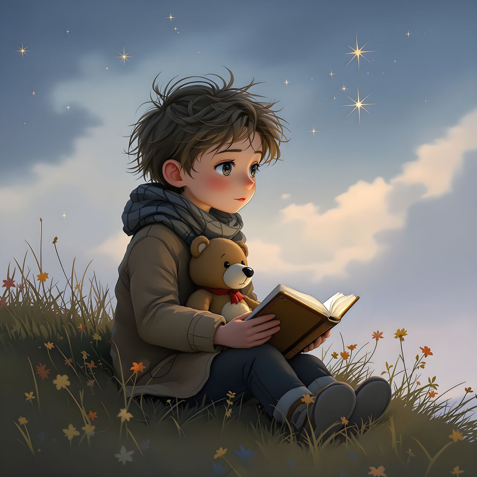 Boy on Hill with Bear and Book Under Twilight Sky