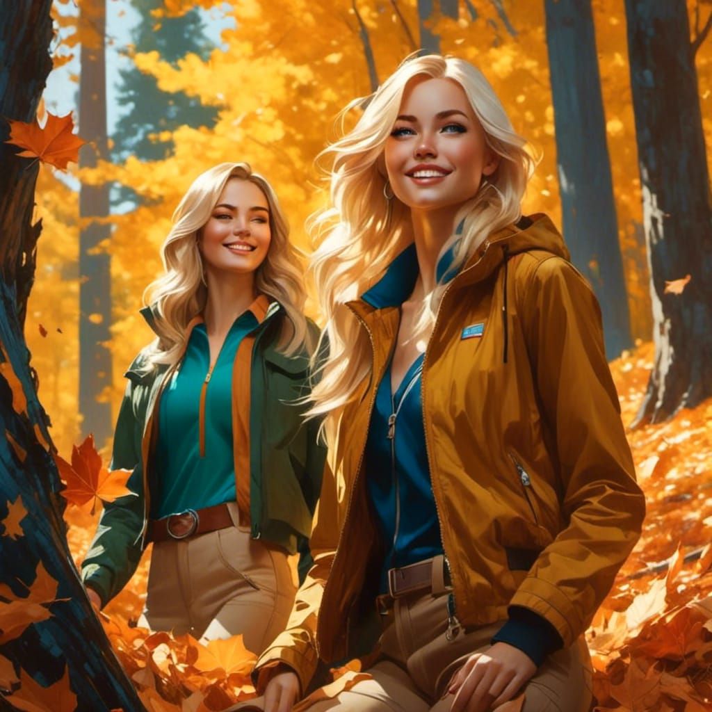 The sisters are enjoying newly arrived autumn, the fallen leaves are laying so deep