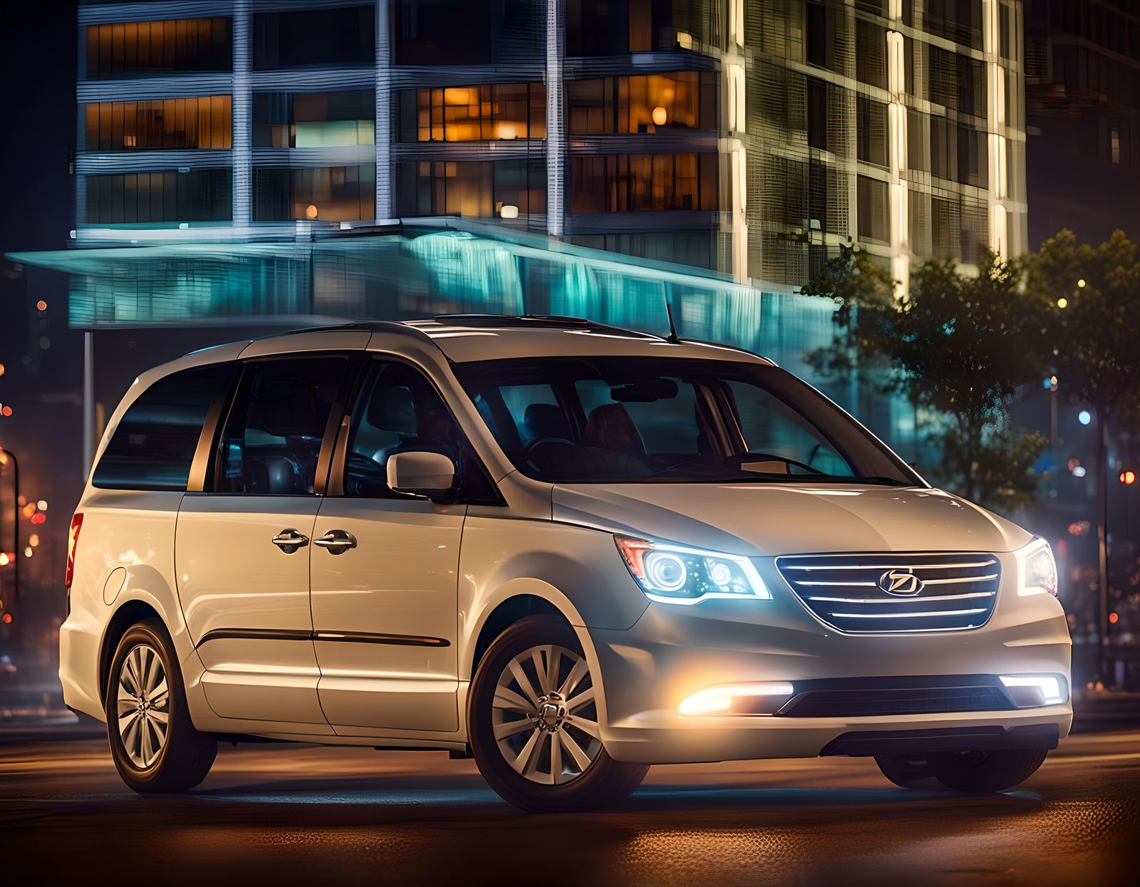 White Minivan in City at Night: 3D Render