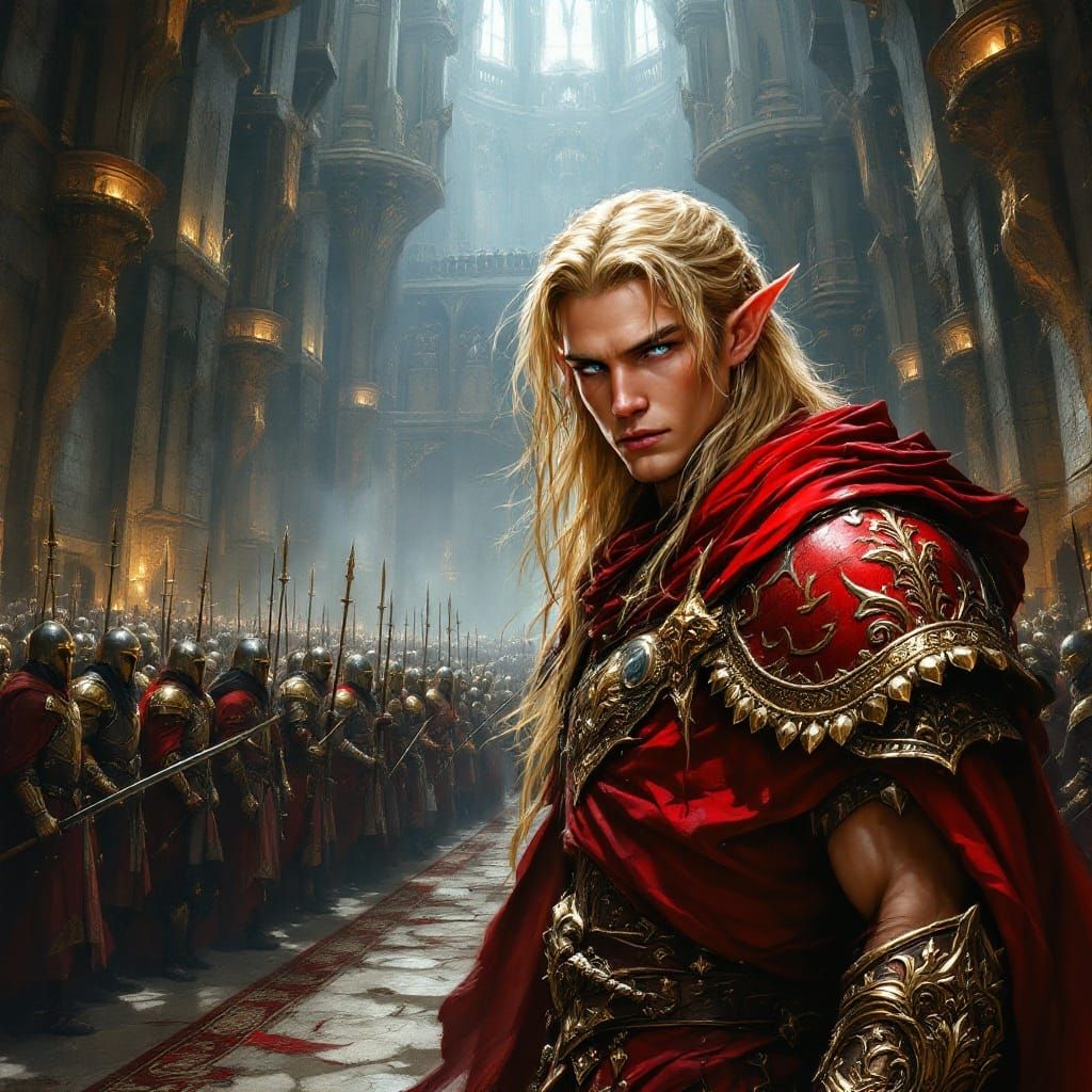 Handsome Elf-Lord Leads Troops in Fortress, Oil Realism Styl...