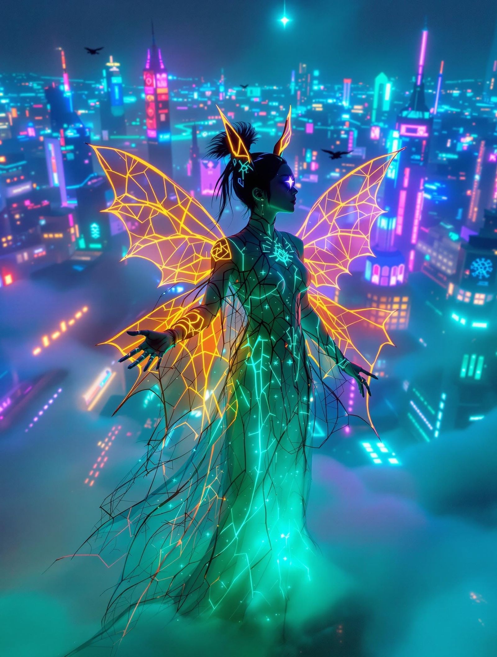 Non-Binary Fairy Overlooks Dystopian Megacity in Cyberpunk S...