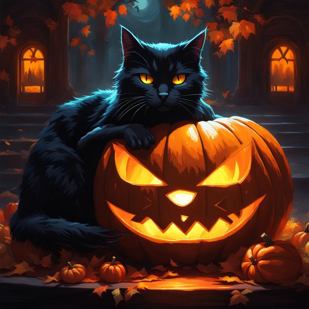 Halloween Jack-O-Lantern with Black Cat, Luminous Concept Ar...