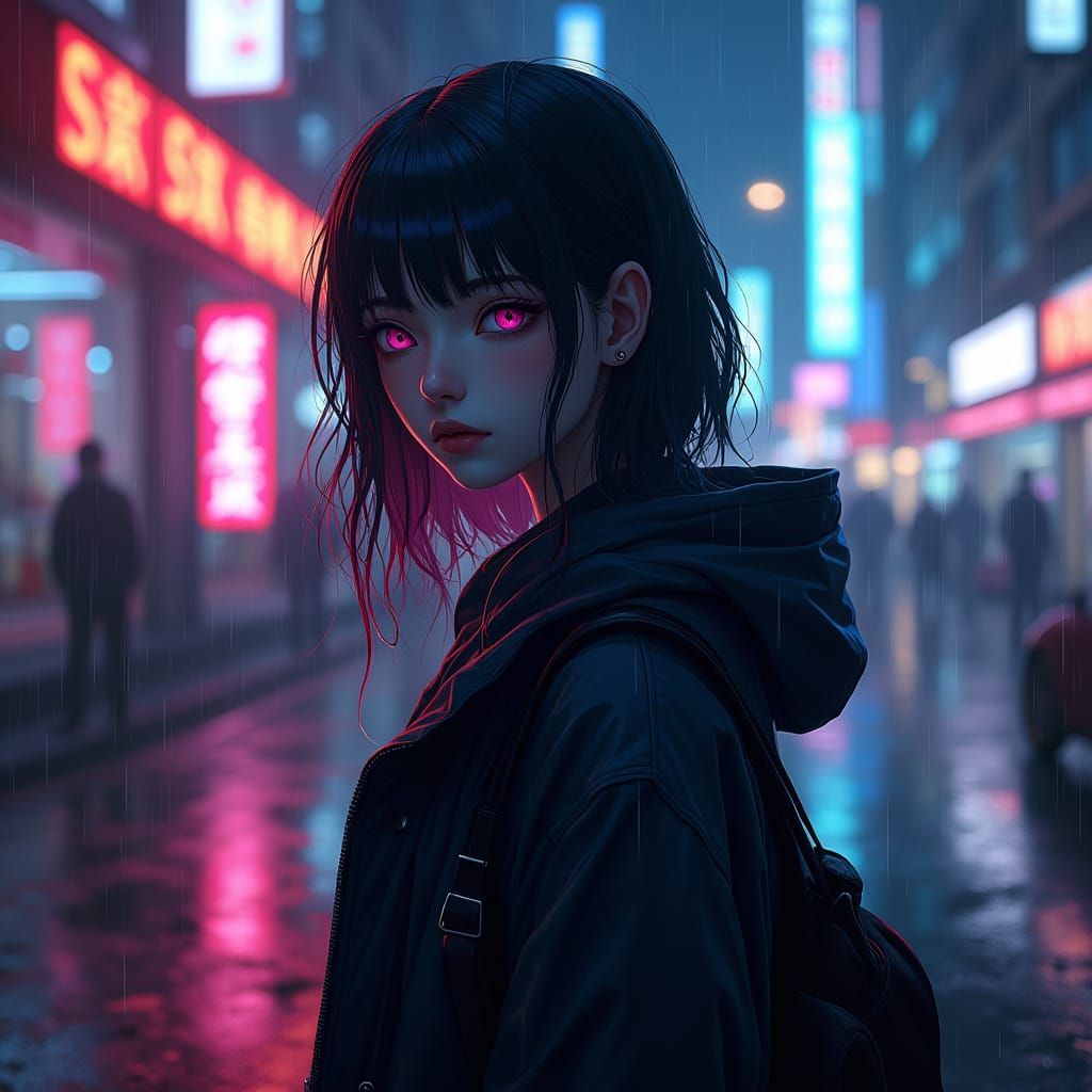 Neon Cityscape: Mysterious Girl in Cyberpunk Rain