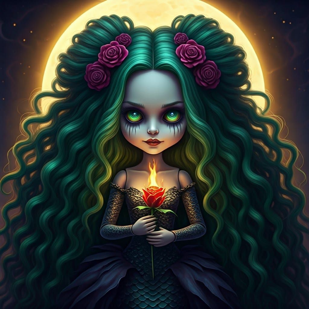 Spooky Doll with Burning Rose in Fantasy Art
