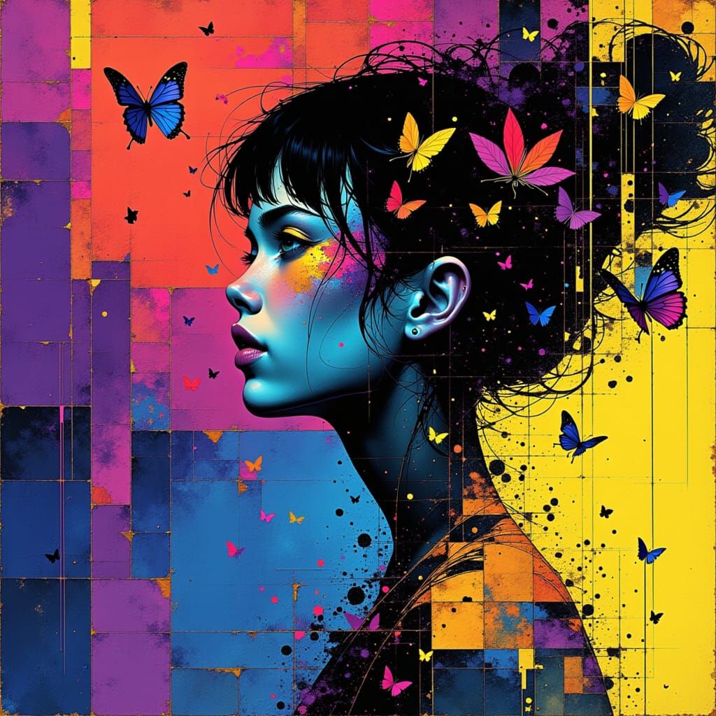 Fragmented Woman Glitching into Butterflies