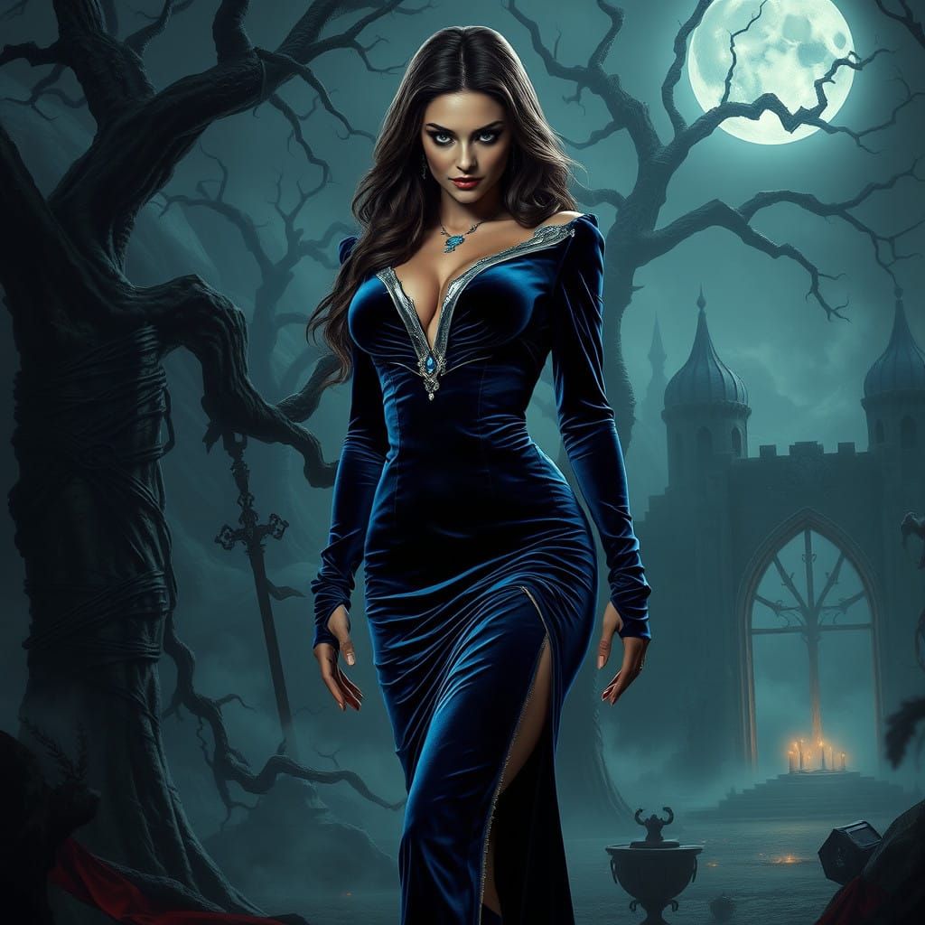 Seductive Dark Fantasy Villain in Elegant Blue Velvet Gown