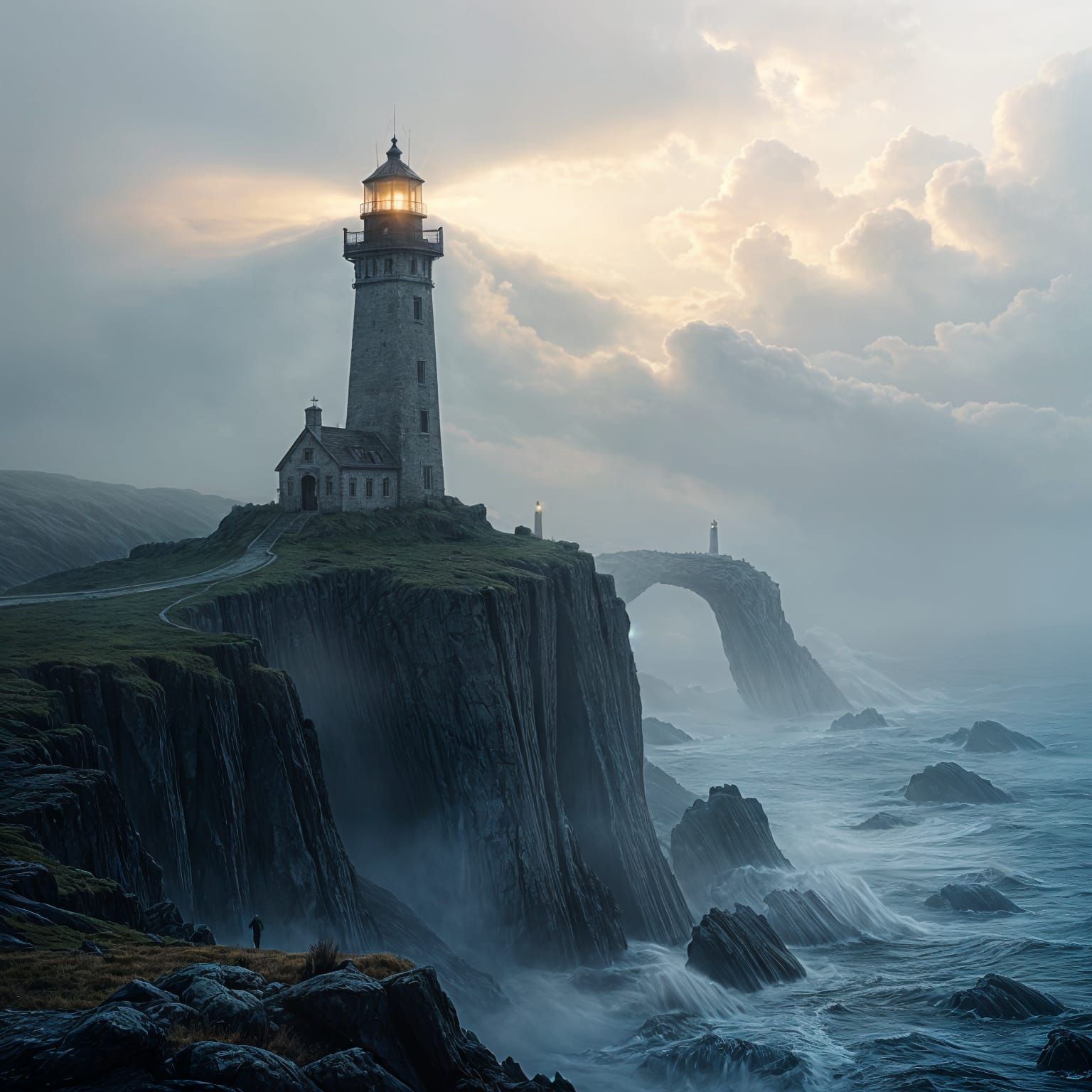 Haunting Lighthouse on Foggy Cliff Edge