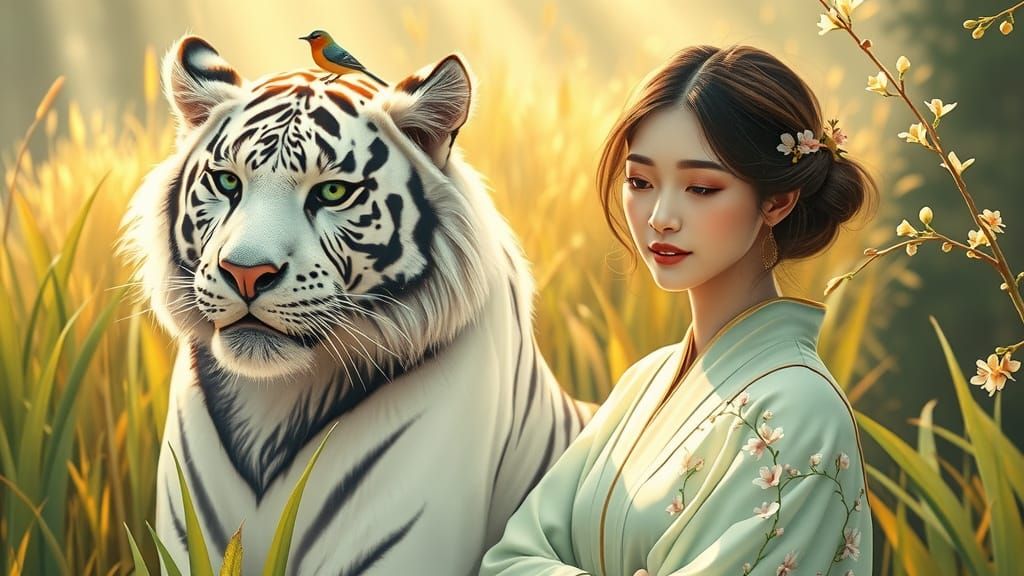 Serene Asian Woman in Harmony with Nature and Majestic White...