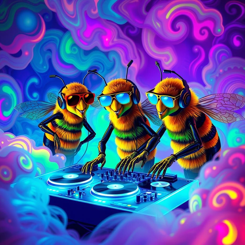 Neon Bees in a Psychedelic DJ Booth