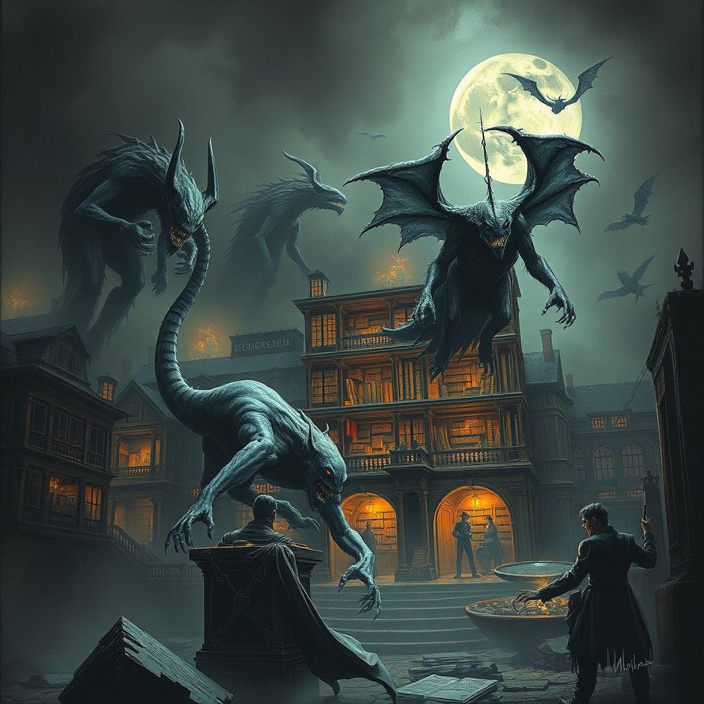 Monstrous Library in Gothic Horror Style