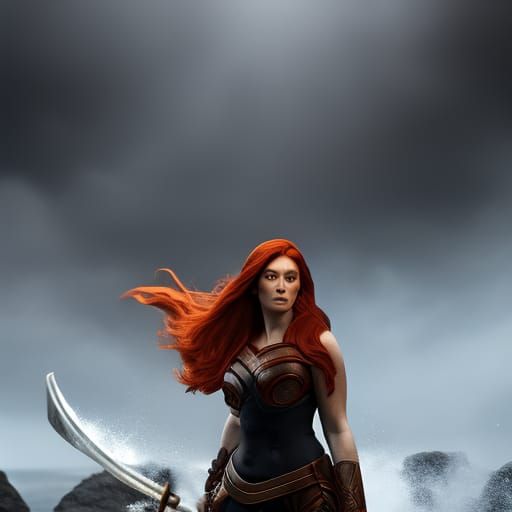 Red-Haired Woman Blocks Fire Wave: Fantasy Concept Art