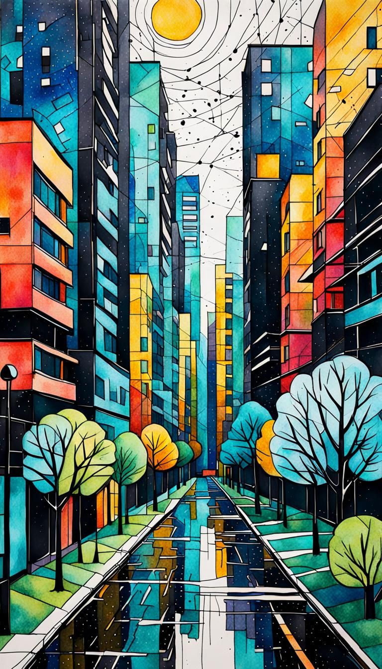 Geometric Bauhaus Cityscape in Vibrant Line Art