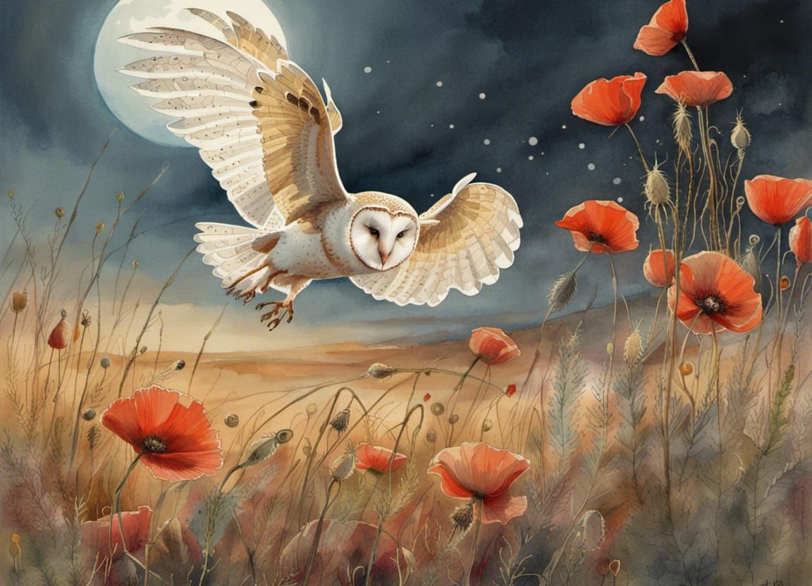 Barn Owl in Moonlit Landscape: Detailed Watercolor Painting