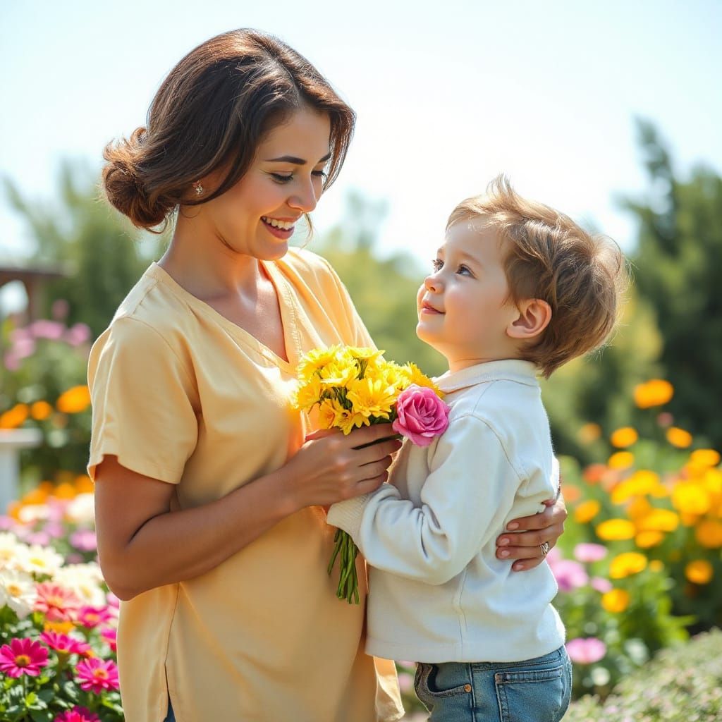 Mother and Son Embrace in a Vibrant Garden