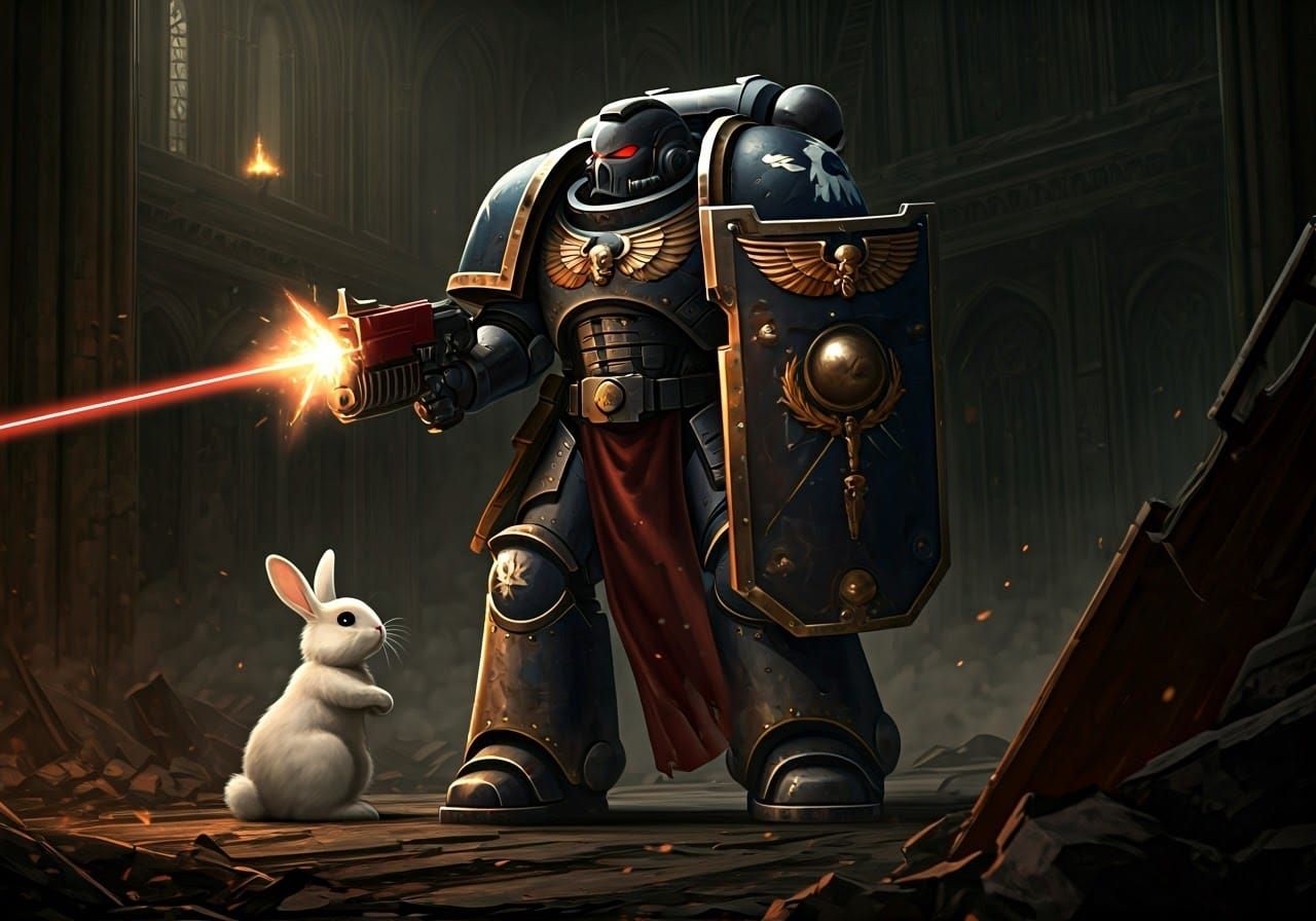 Space Marine Protects Adorable Bunny in Grim Darkness