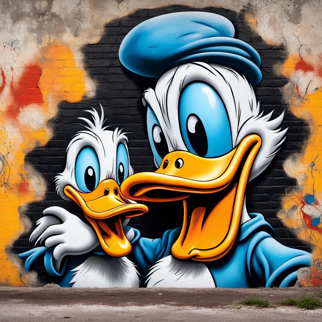 Donald duck and his little duckling on an old wall