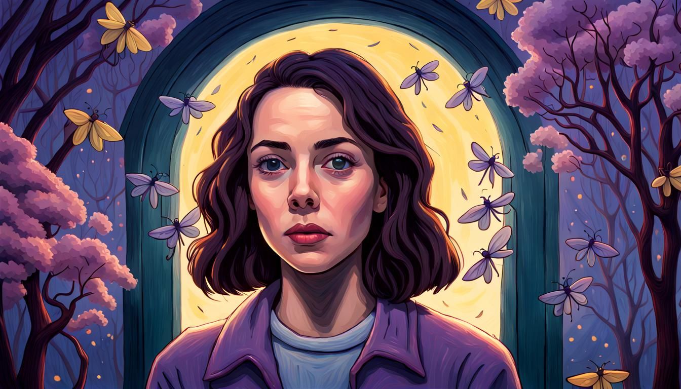 Aubrey Plaza as Haloed Figure in Dreamlike Landscape