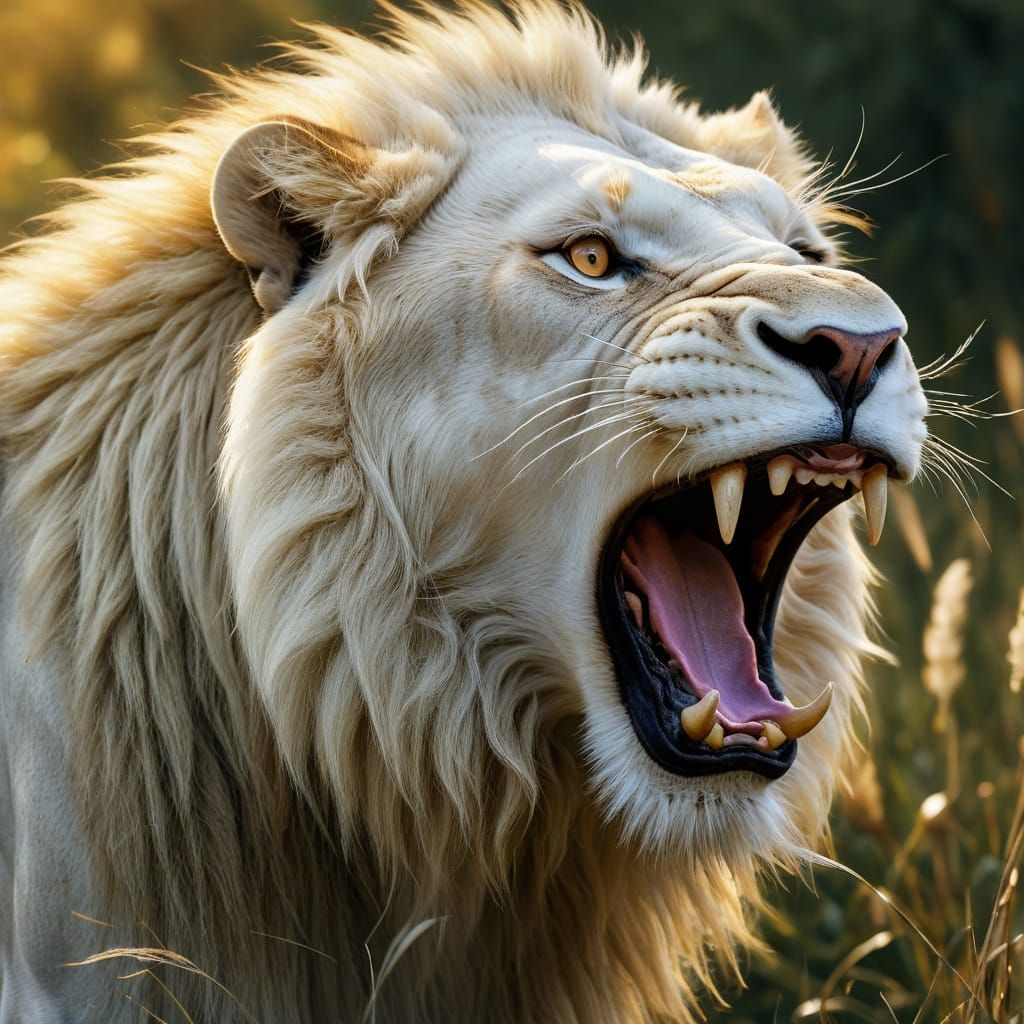 Roaring White Lion in Hyper-Realistic Oil Painting