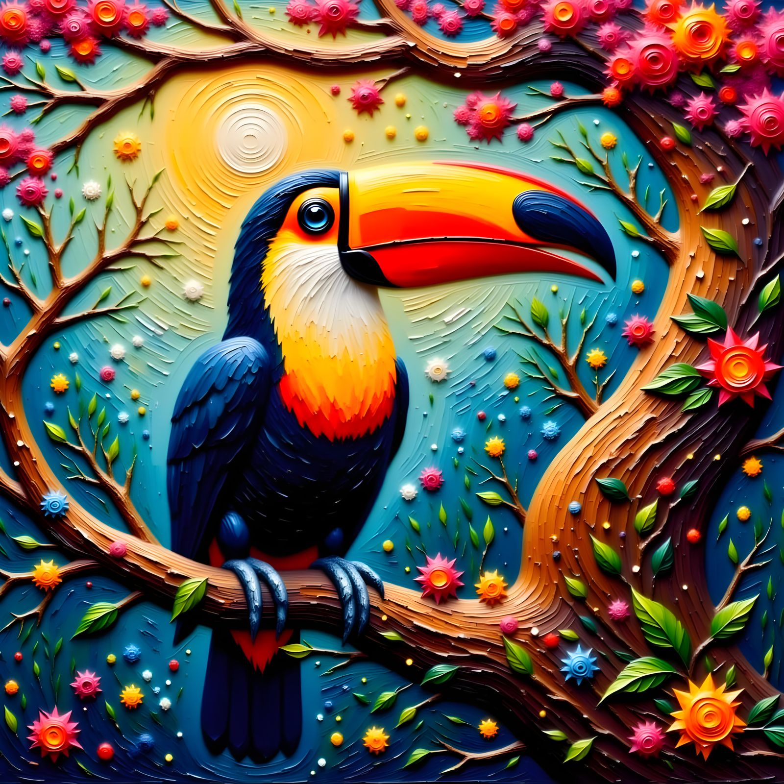 Colorful Toucan in Impasto Style with Dreamlike Foliage