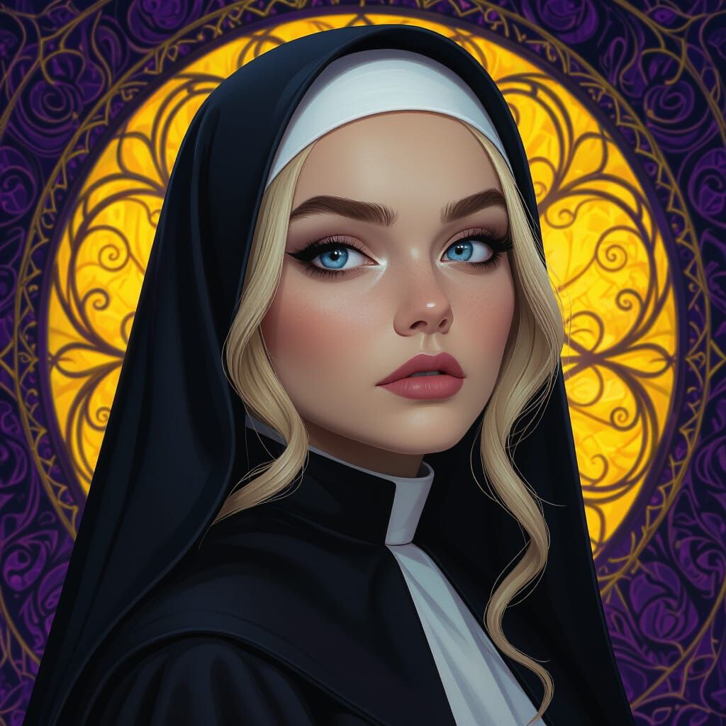 Hyperrealistic Nun With Natalie Dormer's Face, Curious Expre...