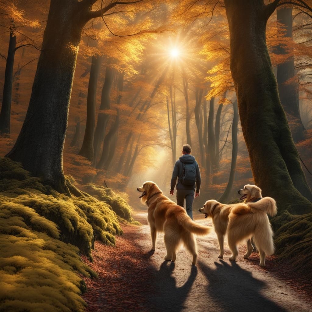 Hikers and Golden Retrievers in Autumn Woods
