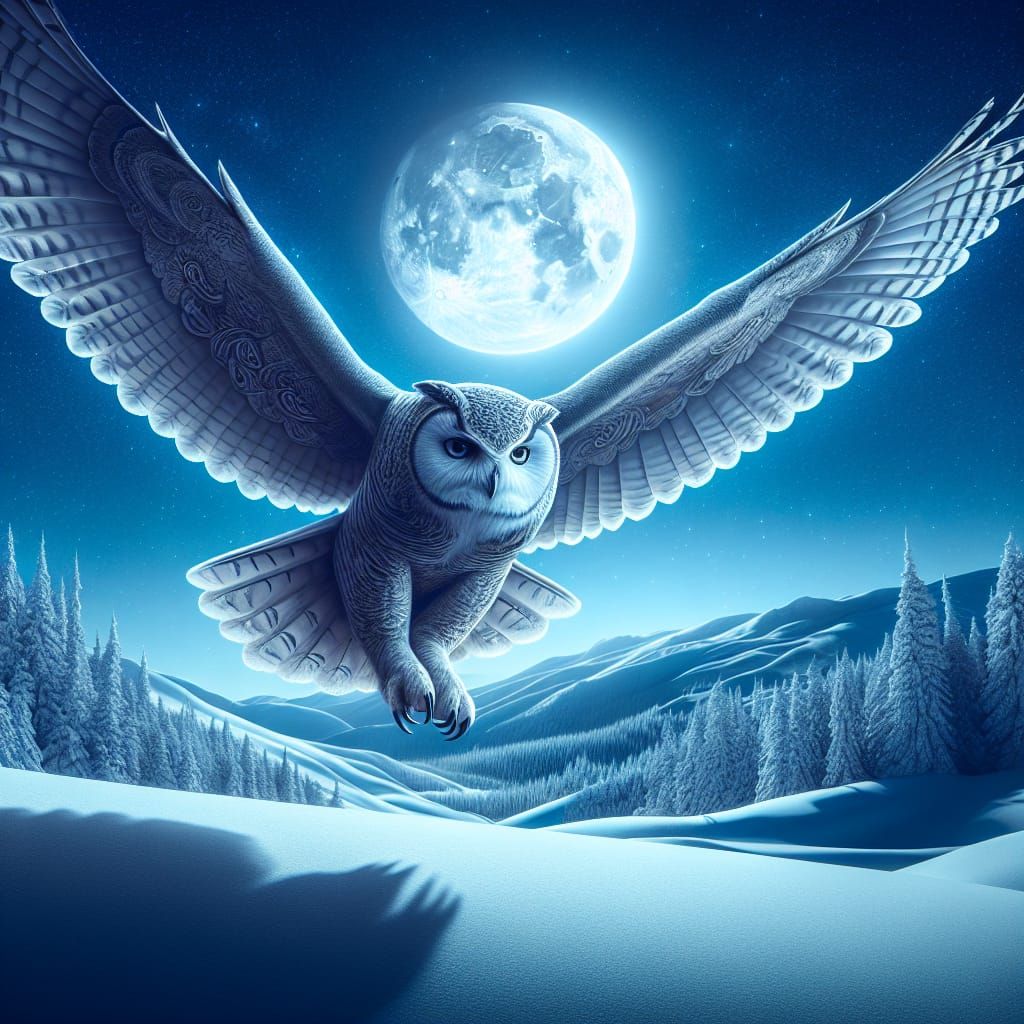 Owl in Flight over Snowy Moonlit Landscape