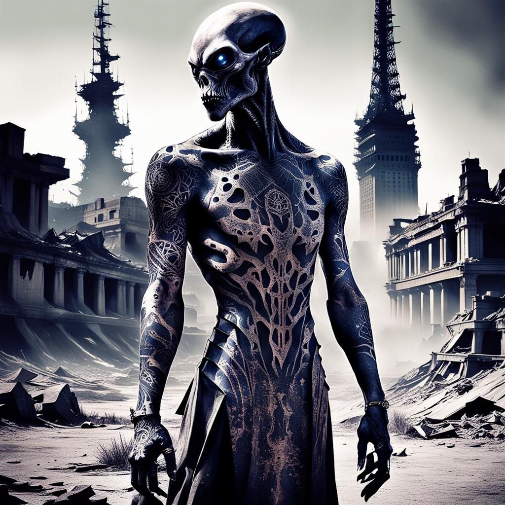 Tattooed Alien in Ruined Landscape
