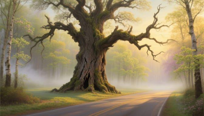 Ancient Oak Tree at Road's Edge in Ethereal Mist