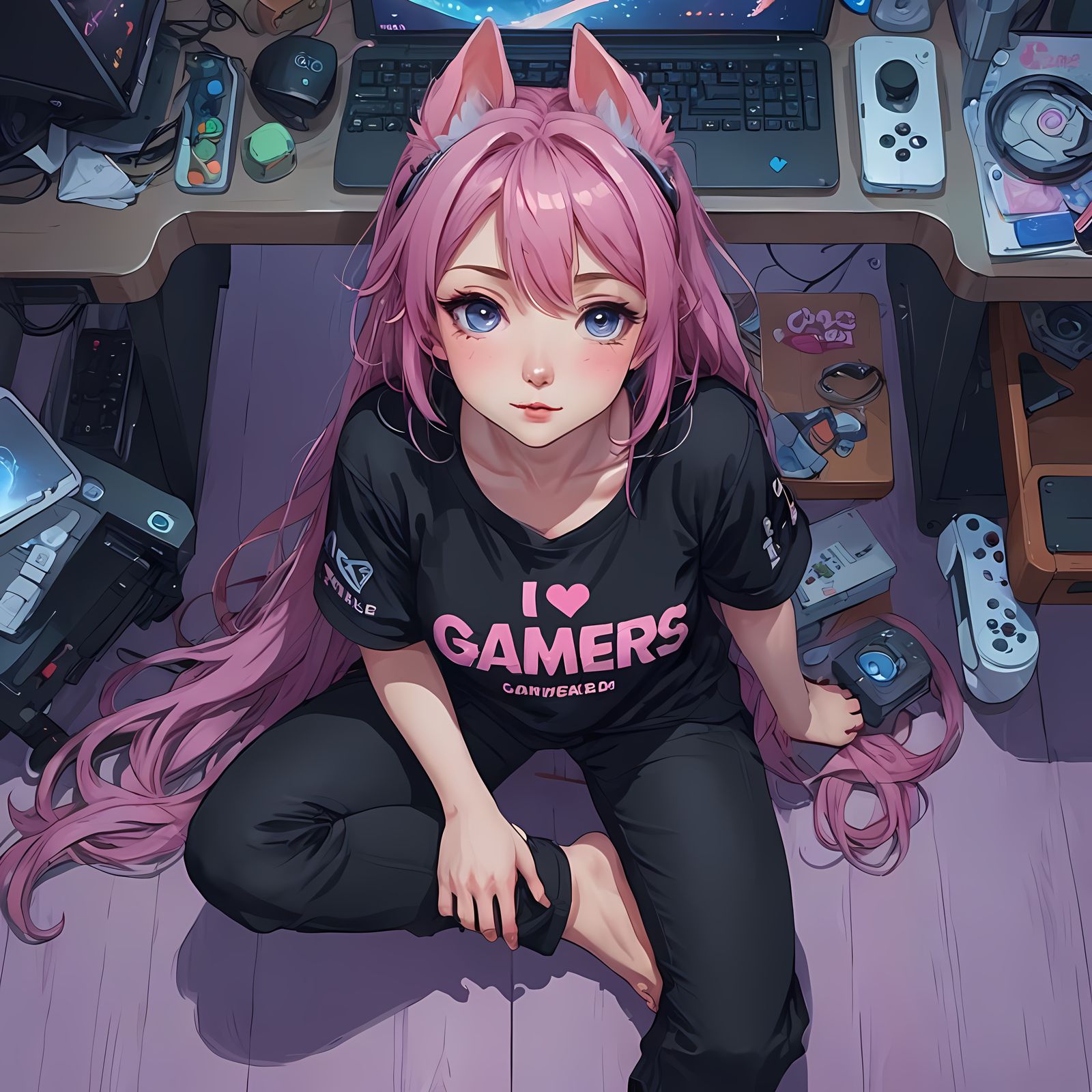 Top-Down View of Pink-Haired Gamer Girl
