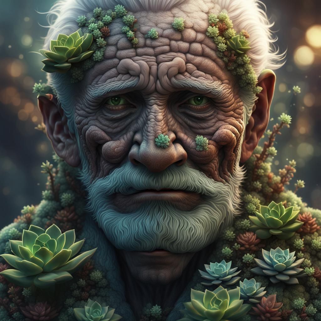 Succulent Covered Old Man: Detailed Matte Painting