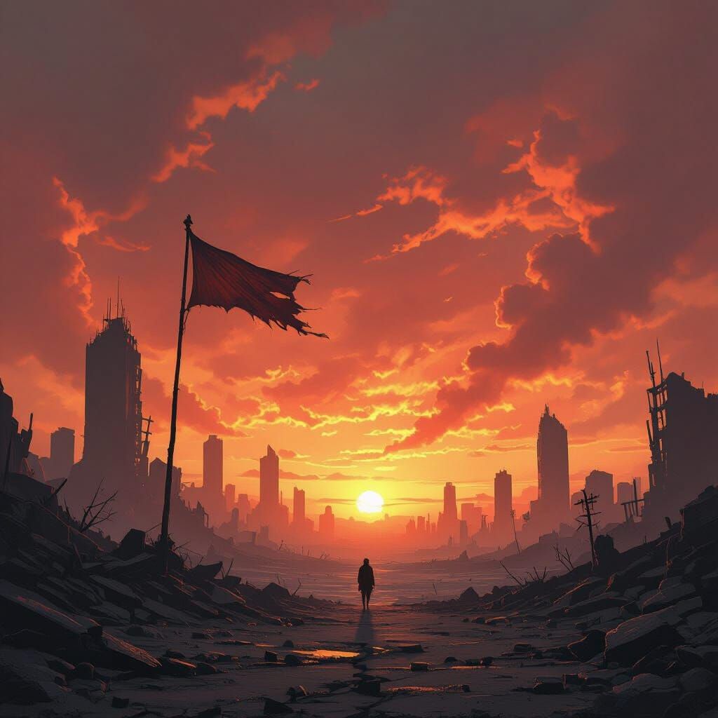 Apocalyptic Landscape with Fiery Sky and City Ruins