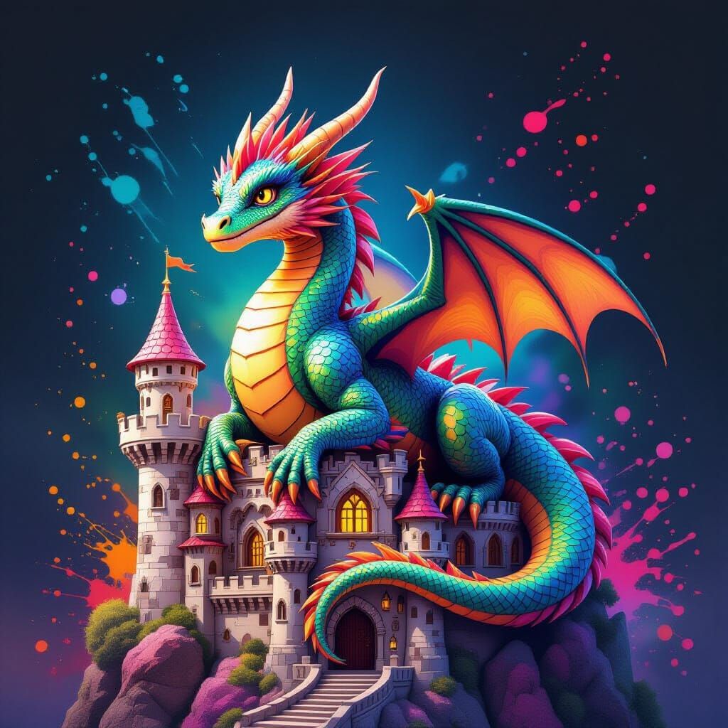 Rainbow Dragon Perched on Whimsical Castle