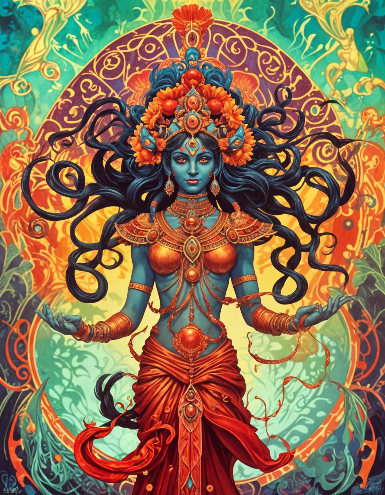 <lora:5EModern:1.0> Psychedelic Age of Aquarius Goddess Kali as Vetruvian Man with burning red eyes and 8 arms circa 196...