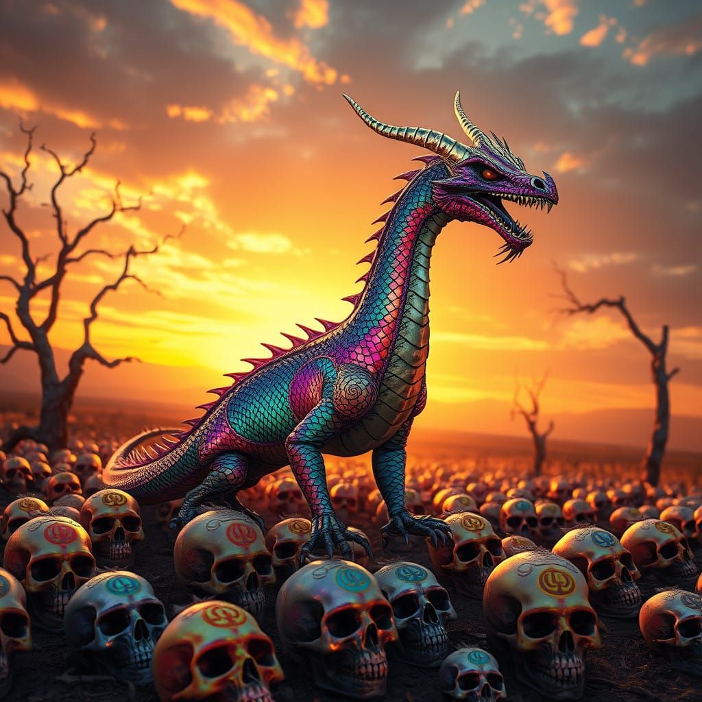 Surreal Fantasy Landscape with Vibrant Dragon and Skulls