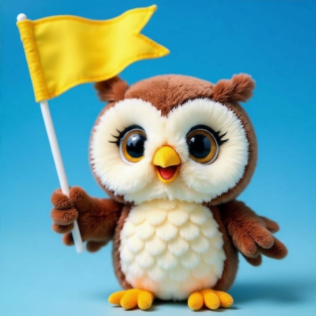 Cute Owl Stuffed Toy Waving Flag in Minimalist Style