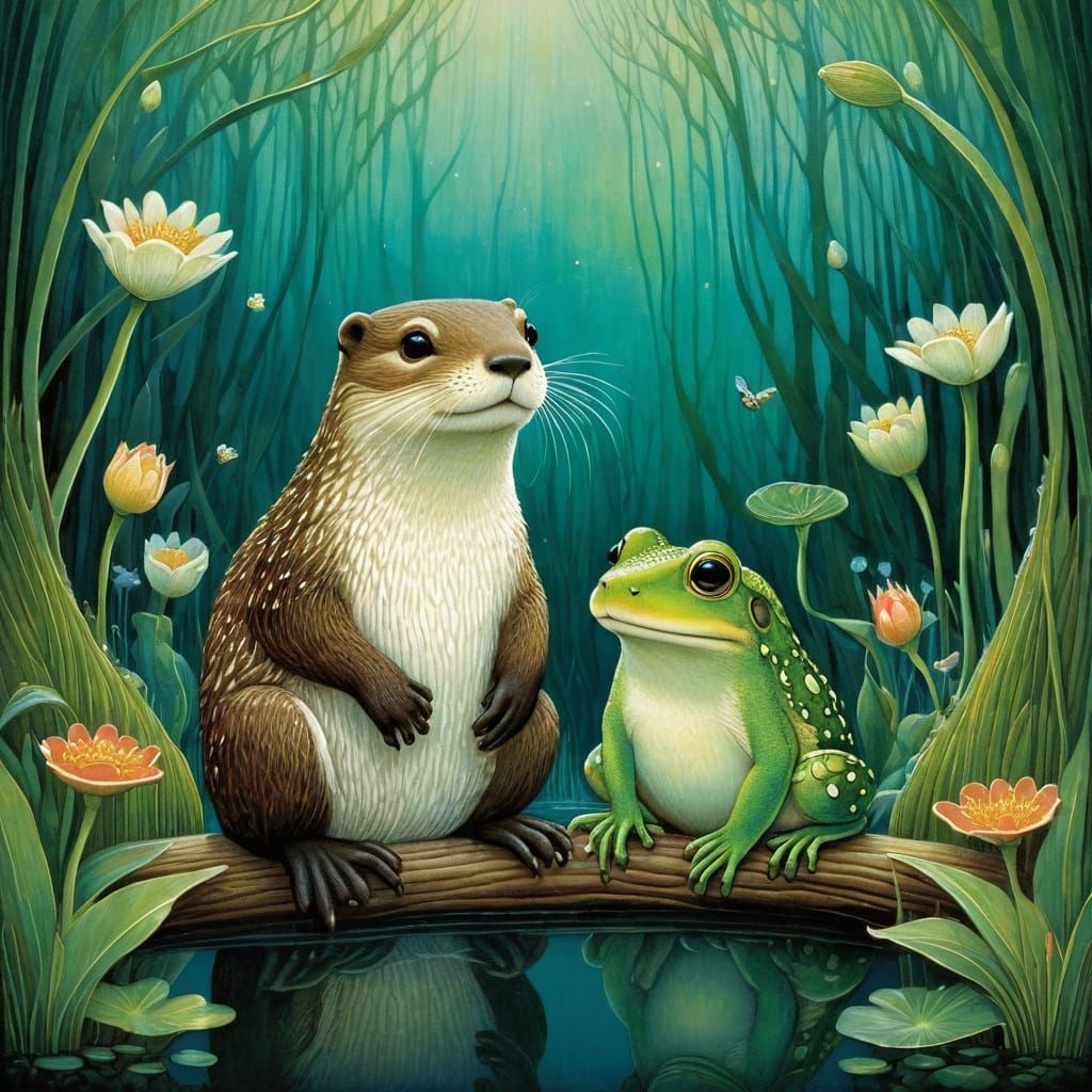 Happy Otter and Frog Friends in Sweet Companionship