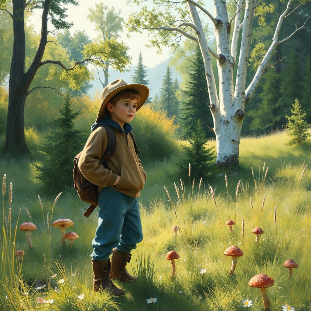 Impressionistic Meadow Scene with Man and Mushrooms