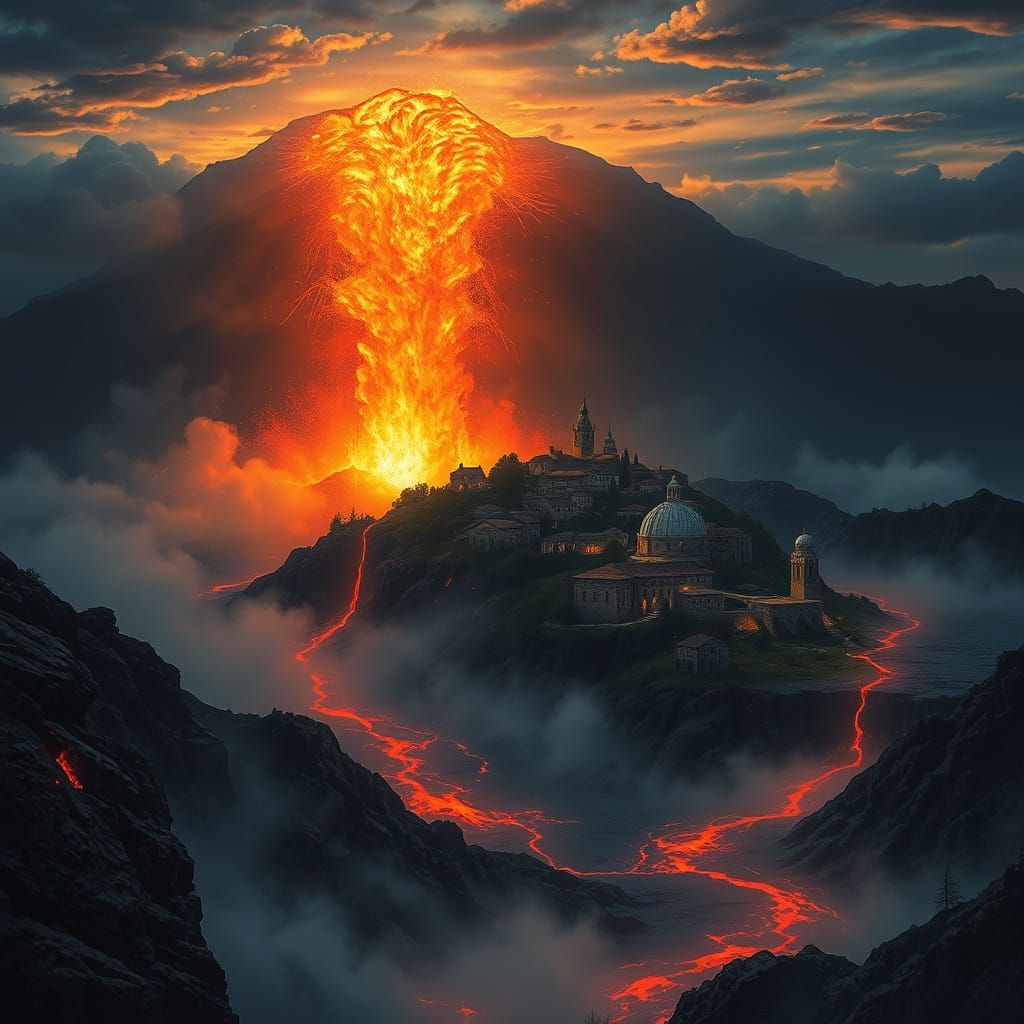 Volcanic Eruption Over Village in Ethereal Fantasy Style
