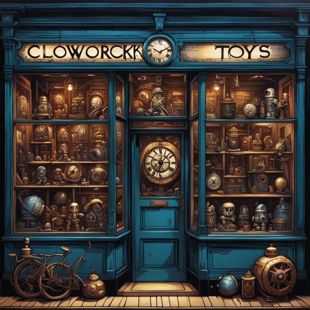 Clockwork Toys Shop Window in Comic Book Art Style