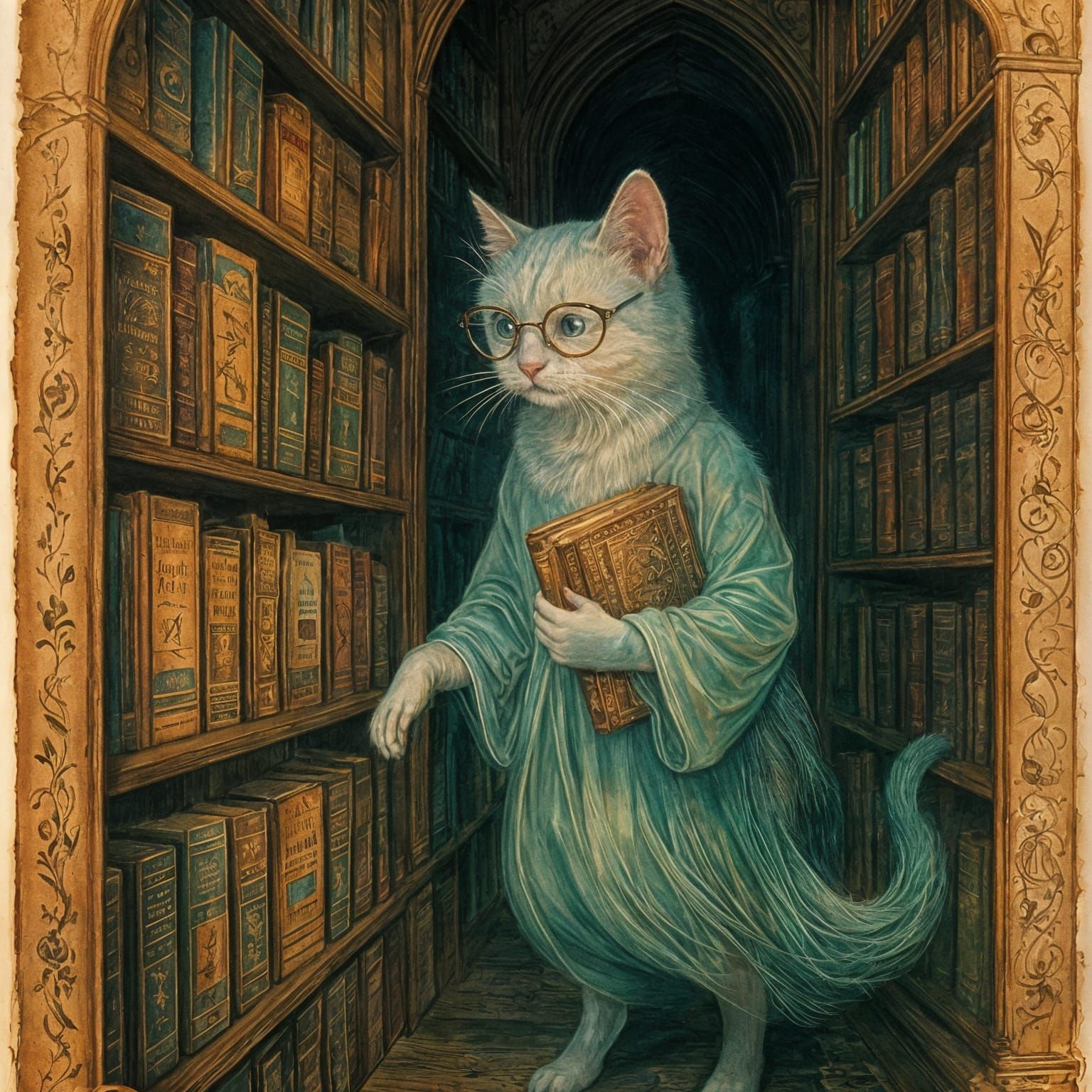 Ghostly Cat Librarian in Haunted Library